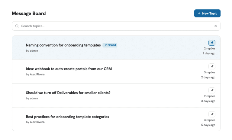 Homepage Screenshot of our message board from our client portal plugin.